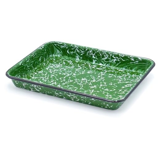 Red Co. 11" x 9" Enamelware Metal Classic 2 Quart Rectangular Serving Tray, Dark Green Marble/Black Rim - Splatter Design
