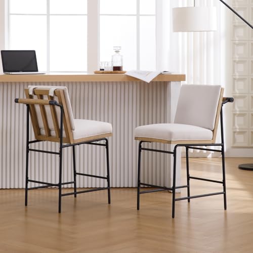 Butacos DUOMAY estilo mid century modern, altura de asiento 26", color beige lino, juego de 2 unidades, con estructura metálica negra y asiento tapizado en lino miniatura 6