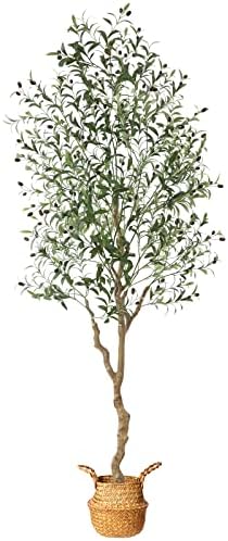 MOSADE Artificial Olive Tree 7 Feet Fake Olive Silk Plant and Handmade Seagrass Basket, Perfect Tall Faux Topiary Silk Tree for Indoor Entryway Modern Decor Home Office Porch Balcony Gift,1Pack