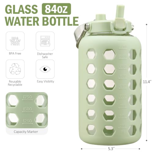 Image of MUKOKO 84 oz Glass Water Bottle, Stainless Steel Handle, Green