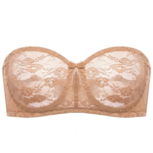 Image of DOBREVA Women's Strapless Lace Bras Unlined See-Through | Underwire, Floral Lace, Sexy, Sheer, Soft, Bow, Multiway, Comfort