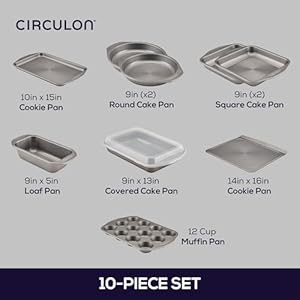 Circulon Total Nonstick Bakeware Set with Nonstick Bread Pan, Cookie Sheet, Baking Pan, Baking Sheet, Cake Pan and Muffin/Cupcake Pan - 10 Piece, Gray Circulon Total Nonstick Bakeware Set with Nonstick Bread Pan Cookie Sheet Baking Pan Baking Sheet Cake Pan and MuffinCupcake Pan 10 Piece Gray
