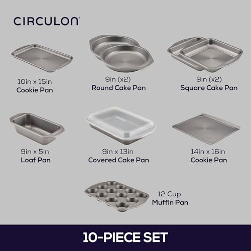 Circulon-Total-Nonstick-Bakeware-Set-with-Nonstick-Bread-Pan-Cookie-Sheet-Baking-Pan-Baking-Sheet-Cake-Pan-and-MuffinCupcake-Pan-10-Piece-Gray Circulon Total Nonstick Bakeware Set with Nonstick Bread Pan Cookie Sheet Baking Pan Baking Sheet Cake Pan and MuffinCupcake Pan 10 Piece Gray