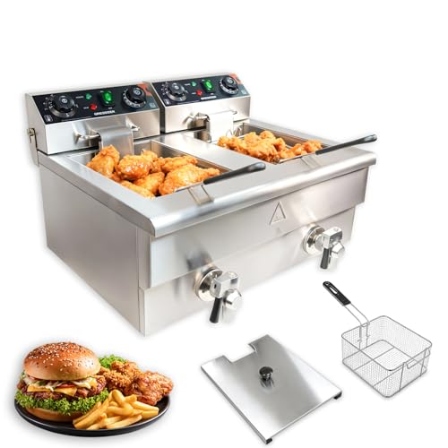Sovtekr 3000W Commercial Electric Double Deep Fryer, Stainless Steel Twin Basket with Oil Drain Valve, 2 x 11.6Qt for Home Restaurant