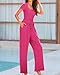 BTFBM Womens Casual 2 Pieces Outfits Dressy Square Neck Short Sleeve Bodysuit Drawstring Pants Knit Lounge Matching Sets(Rose Red, Medium)