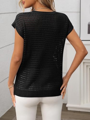 Image of Womens Crochet Cap Sleeve Sweater Summer Crew Neck Casual Hollow Out Knit Tops Pullover Trendy Beach Cover Ups Outfits