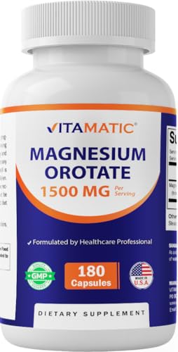 Vitamatic Magnesium Orotate Supplement 1500mg per Serving 180 Capsules Supports Muscle Nerve and Heart Health - Non-GMO Gluten Free