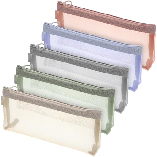 TIESOME 5 Stück Netz-Make-up-Pinsel-Tasche,21×4×10cm Nylon-Netzstoff Zip Mesh Kosmetiktasche Transparente Stifttasche Federmäppchen Durchsichtige Tasche für Schule Bürobedarf Kosmetik Aufbewahrungs