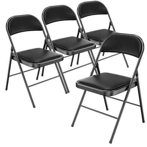 Bonnlo Folding Chair with Comfortable Padded Cushion and Back, Portable Folding Chairs for Outside, Office Events, Weddings, Pu Leather, 4 Black