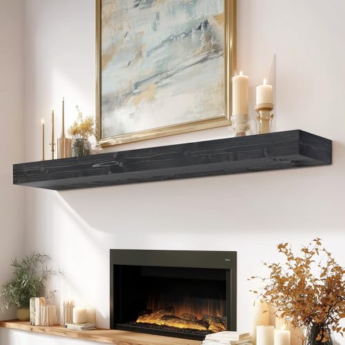 ABSWHLM 60x8x3 Fireplace Mantel - Handcrafted Hollow Rustic Solid Wood Wall Mounted Floating Shelf with Invisible Heavy Duty Wood Bracket (Weathered Black)