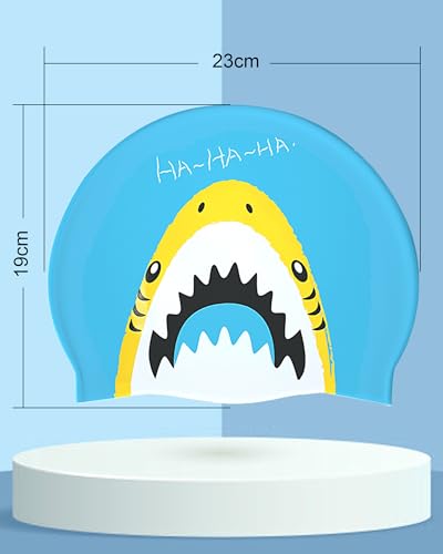 Swimming Cap Kids 6-14 - Swim Hat for Kids 6-14 Years Silicone & Waterproof, Light blue shark, One size fits ages 6-14 - Image 4