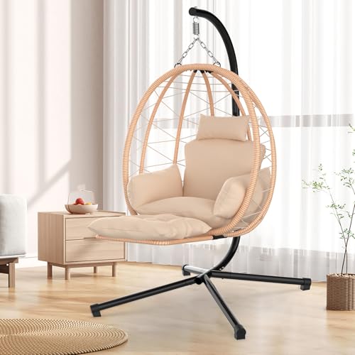 ZENPETIO Hanging Egg Chair with Stand & Leg Rest, Rattan Wicker Swing Chair with UV Resistant Cushion and Pillow, for Indoor Outdoor Bedroom Patio Hanging Basket Chair 370lbs Capacity, Brown - Brown