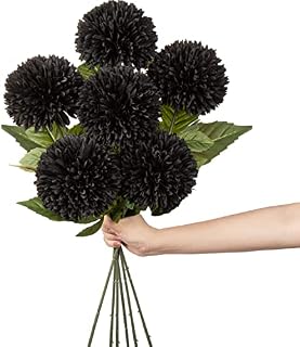 4'' Large Artificial Chrysanthemum Flowers with 24.7'' Long Stem, 6 pcs Black Fake Silk Flowers Faux Ball Flowers for Home Decor, Bridal, Wedding, Party, Garden, Floral Arrangement