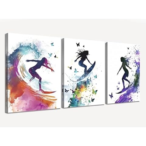 Ardemy Surfing Canvas Wall Art Ocean Coastal Blue Painting Modern Purple Pink Butterfly Picture Artwork Framed for Bathroom Living Room Bedroom Kitchen Home Office Wall Decor, 12"x16"x3 Panels Cover