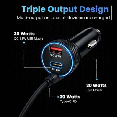 Image of 93W Fast Turbo Car Charger with Built-in Type-C Coiled Cable, Dual Port (USB-A + USB-C) High-Speed Charging Adapter for Car, Truck & SUV