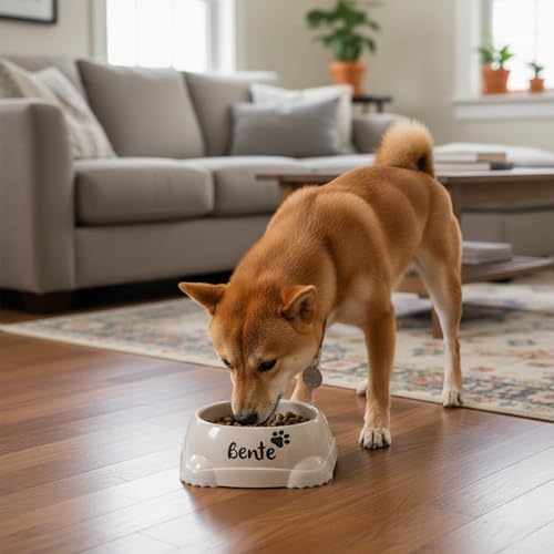 Personalisierter Leno Kunststoffnapf 1200 ml (L) Beige – mit Rutschfester Silikonunterseite – Futter- und Wassernapf – für mittelgroße und große Hunde – personalisiert mit Namen – Petslino
