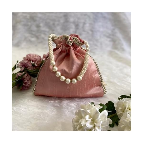 YO VINTAGE Designer Silk Potli Bag with Pearl Beaded Wristlet for Women and Girls with Handmade Embroidery ideal for traditional outfits at parties/weddings| Round Drawstring handbag - Image 4