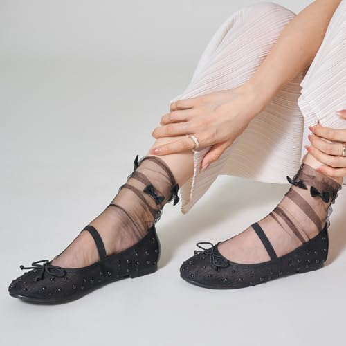 Image of Trary Flats for Women Closed Round Toe Ballet Flats Mary Jane Shoes Women with Elastic Strap Cute Bowknot Comfortable Dress Shoes for All-Year Daily Work Casual Wear