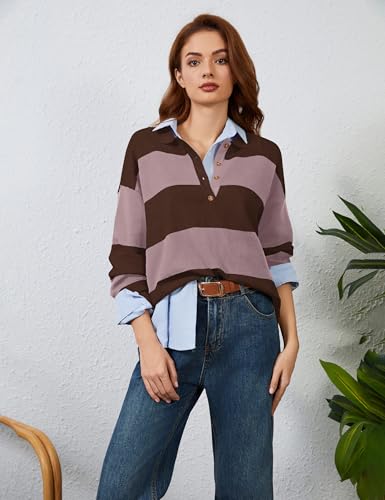 Image of Womens Striped Sweater Rugby Polo Shirts Y2k Collar Pullover Tops | Rugby Shirt,Long Sleeve Knit Top,Lapel V Neck Jumper,Oversized,Casual Outings Streetwear,Preppy Sweater,Fall Winter Clothes