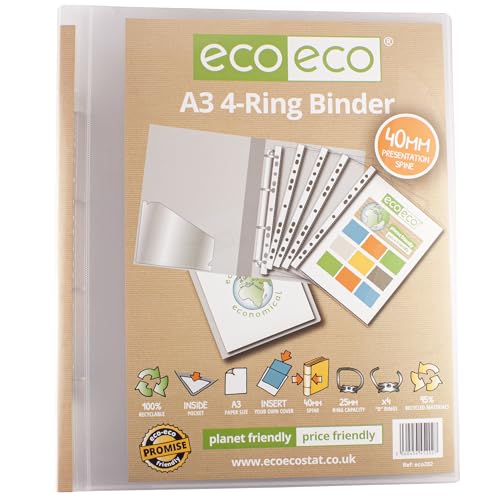 eco-eco A3 95% Recycled 4-D Portrait Clear Presentation Ring Binder File Folder 40mm Spine Artwork Portfolio eco202