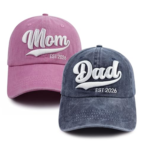 Image of 2PCS Mom and Dad EST 2026 Hat, 3D Embroidered Adjustable New Parents Gifts Baseball Cap