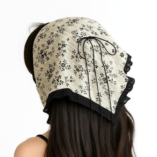 Cute Floral Hair Bandanas Scarf for Women Bowknot Chiffon Head Scarf Kerchief with Ruffle Edge