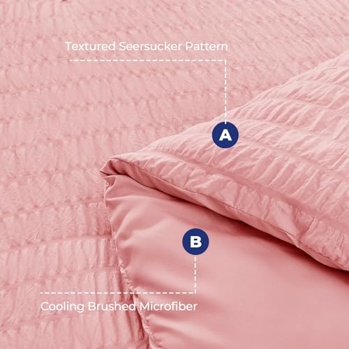 Image of HYMOKEGE Rose Pink King Size Comforter Set Seersucker 7 Pieces, All Season Luxury Bed in a Bag for Bedroom, Bedding Set with Comforter, Sheets, Pillowcases & Shams