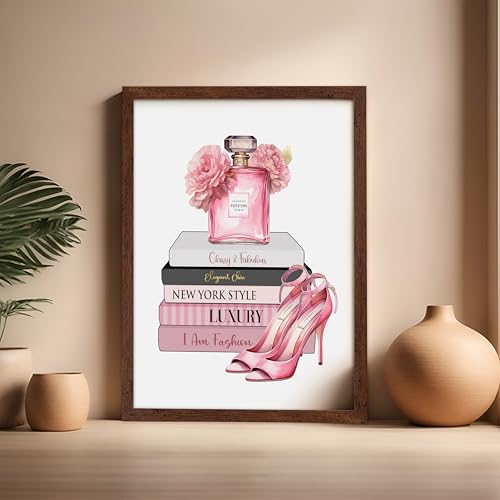 Image of Poster Master Fashion Print - Pink Designer Poster - Shoes & Perfume Art - Chic Gift for Her & Fashionista - Luxury Haute Couture Decor for Bedroom or Girl's Room - 16x20 Brown Framed