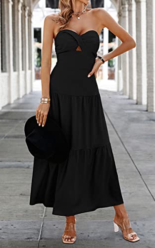Image of ECOWISH Women's Summer Strapless Maxi Dress 2026 Off Shoulder Hollow Out Smocked A Line Tube Tiered Long Dresses