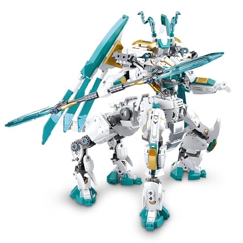 HIGH GODO Dragon Transforming Mech Building Blocks Set, 2 in 1 Warrior City Action Robot Model Building Kit, 731 Pieces Cool Rider Mech Toys Gift for Adults and Teens 14+