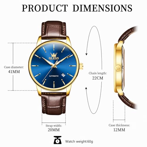 OLEVS Men's Automatic Watches Blue Face Brown Leather Waterproof Date - image 6