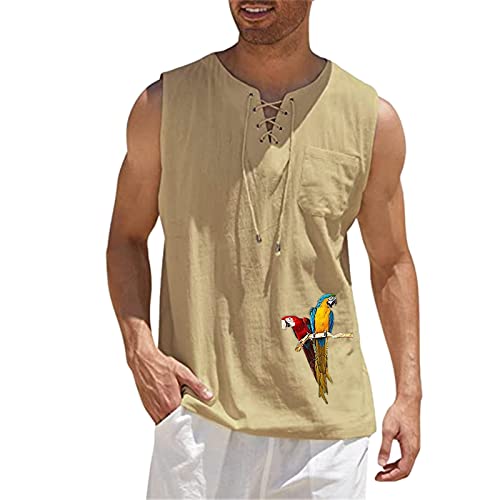 Men's Summer Cotton Linen Tank Tops Casual Vneck Lace Up Sleeveless Tops Hippie Fitness Muscle Sport Vest with Pocket