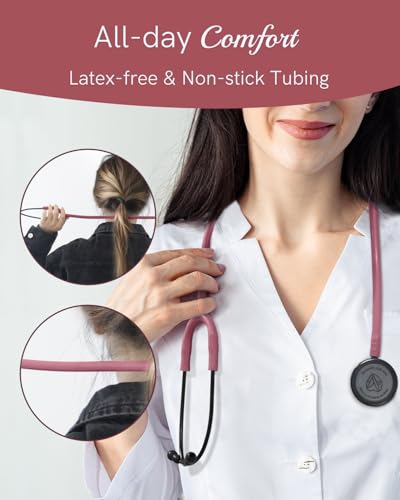 Image of FriCARE Dual Head Stethoscope - Stethoscopes for Nurses, Medical Nursing Students, Paramedics /EMT /LVN /VNA Backup Estetoscopio, Burgundy Tube, Matte Black Finish Chestpiece