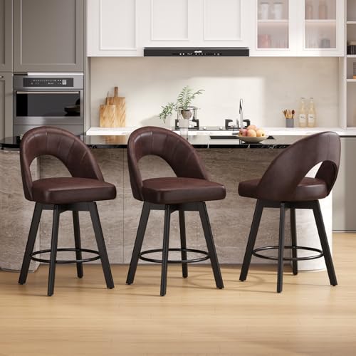Image of YaFiti 24 inch Counter Height Bar Stools Set of 3, Bar Stools with Ergonomic Curved Back, Faux Leather Seat & Solid Wood Legs, Saddle Brown