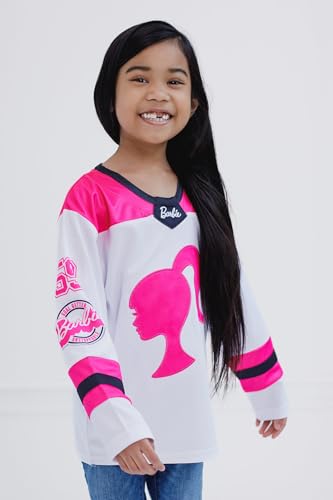 Barbie Little Girls Mesh Hockey Jersey Long Sleeve T-Shirt Pink/White 7-8 - image 2
