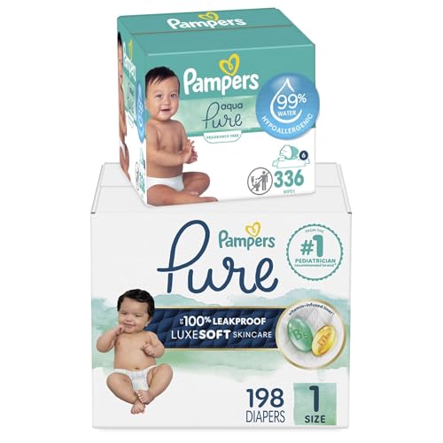 Image of Pampers Pure Protection Disposable Baby Diapers Size 1, 198 Count with Aqua Pure Baby Wipes, 6X Pop-Top Packs (336 Count)