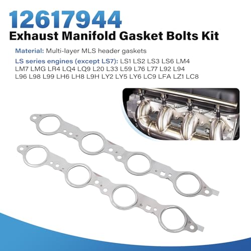 Image of 12617944 Exhaust Manifold Header Gasket with Bolts Compatible with Chevy Silverado Camaro Caprice Corvette Tahoe GMC Sierra CTS Escalade LS1 LS2 LS3 LS6 LQ4 LQ9 LM7 4.8L 5.3L 5.7L 6.0L 6.2L