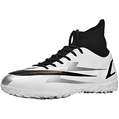 Topwolve Football Shoes Men's Outdoor Training Football Shoes High-Top Football Boots Grass Non-Slip Training Shoes Lightweight Breathable Trainers, White Grey, 5 UK Cover