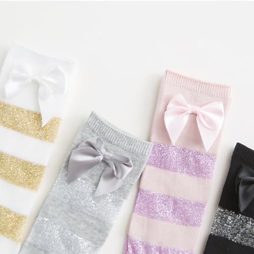 4 Pairs Kid Girls Knee High Socks with Bow Comfortable Long Stockings Toddler Girls Cute Princess Dress Socks2