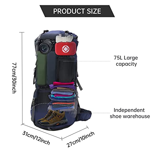 King'sguard Hiking Backpack For Men And Women 70L+5L Waterproof Lightweight Camping Daypack With Rain Cover For Outdoor Travel Mountaineering - Frameless (Navy) #TOP1