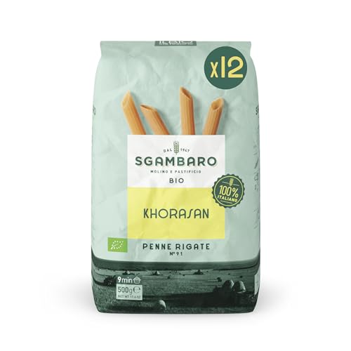 Sgambaro Pasta Bio 12 Pack da 500 g Penne Rigate n.91 di Grano Khorasan - Antico Grano Proteico, Coltivazione 100% Italiana - Versatilità in Cucina e Ricchezza Nutrizionale