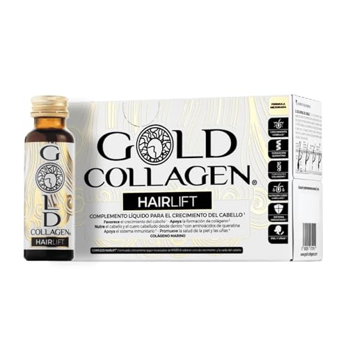 GOLD COLLAGEN Hairlift - Complemento Líquido Colágeno Marino Hidrolizado con Ácido Hialurónico, Biotina para el Cabello, Vitamina C B6, Zinc, Keratina, Fortalece Cabello Piel y Uñas 10 Botellitas 50ml