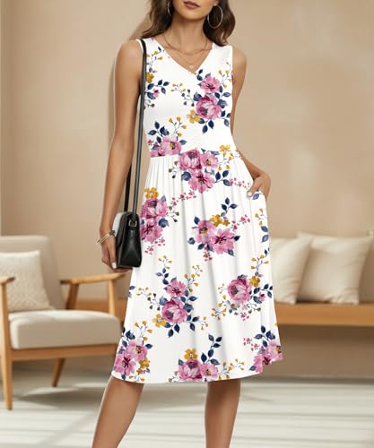 Image of NILOUFO Sleeveless Dress for Women Summer Knee Length Sundress with Pockets | Sundresses for Women Tank Empire Waist Sun Dress Cold Shoulder Casual V Neck Midi Dress Flowy Summer Dresses for Women
