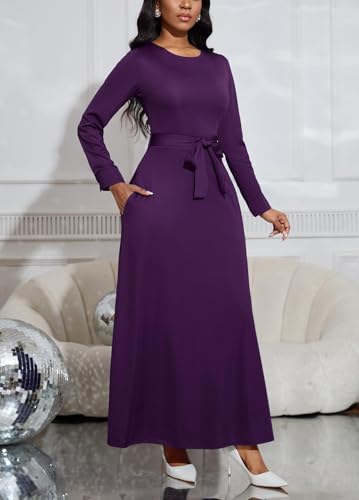 Image of BubFee Long Dress for Women Casual Long Sleeve Dresses Maxi Dress Empire Waist Loose with Belt