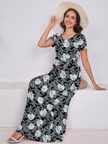 Image of DEARCASE Maxi Dress for Women Short Sleeve Casual Summer Loose Plain Comfy Long Dresses with Pockets