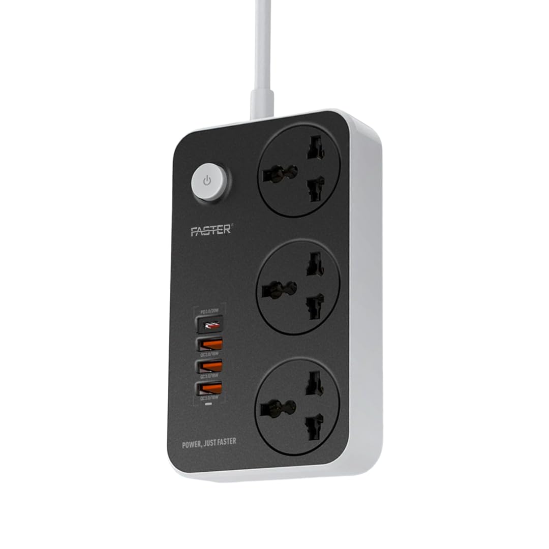 Faster FUS-640 Multifunctional Smart Socket Power Extension Cord with 3 Outlets Power Socket, 4 USB Ports - Multi Plug Universal Power Strip with USB 38W QC3.0A, Type C PD 20W Charging Power Station