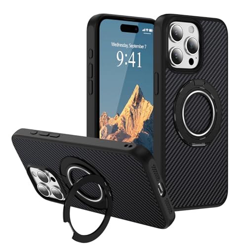 Nzenguer for iPhone 15 Pro Case Carbon Fiber with Magnetic Stand, Black