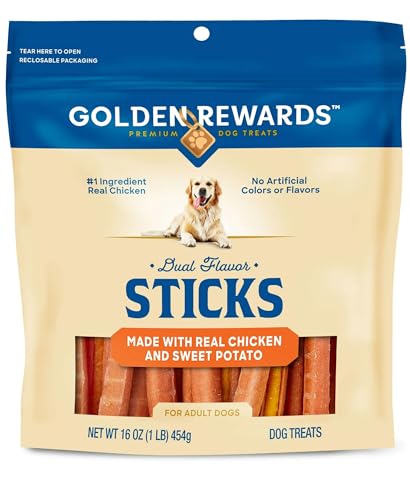 Golden|Rewards Dual Flavor Dog Treat Sticks, Resealable 16 oz Bag, Real Chicken and Sweet Potato, No Artificial Colors or Flavors, No Corn or Soy, High Protein, Low Fat, Soft Texture, for Adult Dogs
