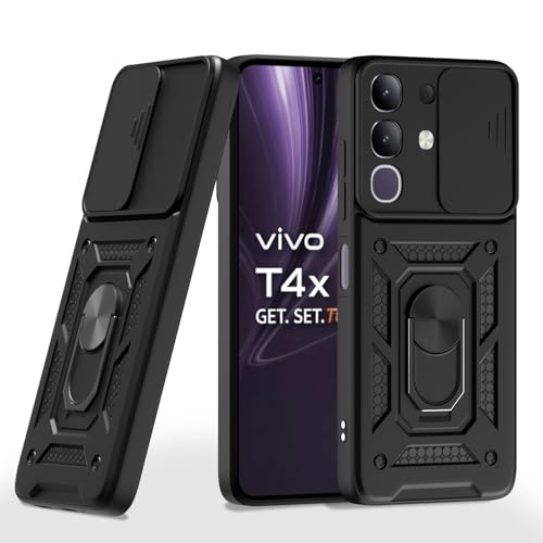 Image of Outlouders Back Cover for Vivo T4x 5G / iQOO Z10x 5G | D10 Tough Armor 360 Protection Case with Sliding Camera Shield & Ring Holder Stand Bumper Case (Black)