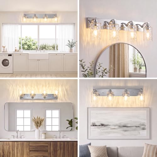 Image of 4-Light Bathroom Light Fixtures Modern Chrome Vanity Lights | Easy to Install Clear Hammered Glass Shades, Rippled Glow, Wall Mount Up or Down, E26 Socket, Hardwired, 120V